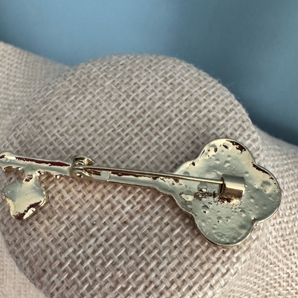 Clover Cuff Brooch | Black Enamel + Rhinestone Gold Tone - Picture 4 of 9
